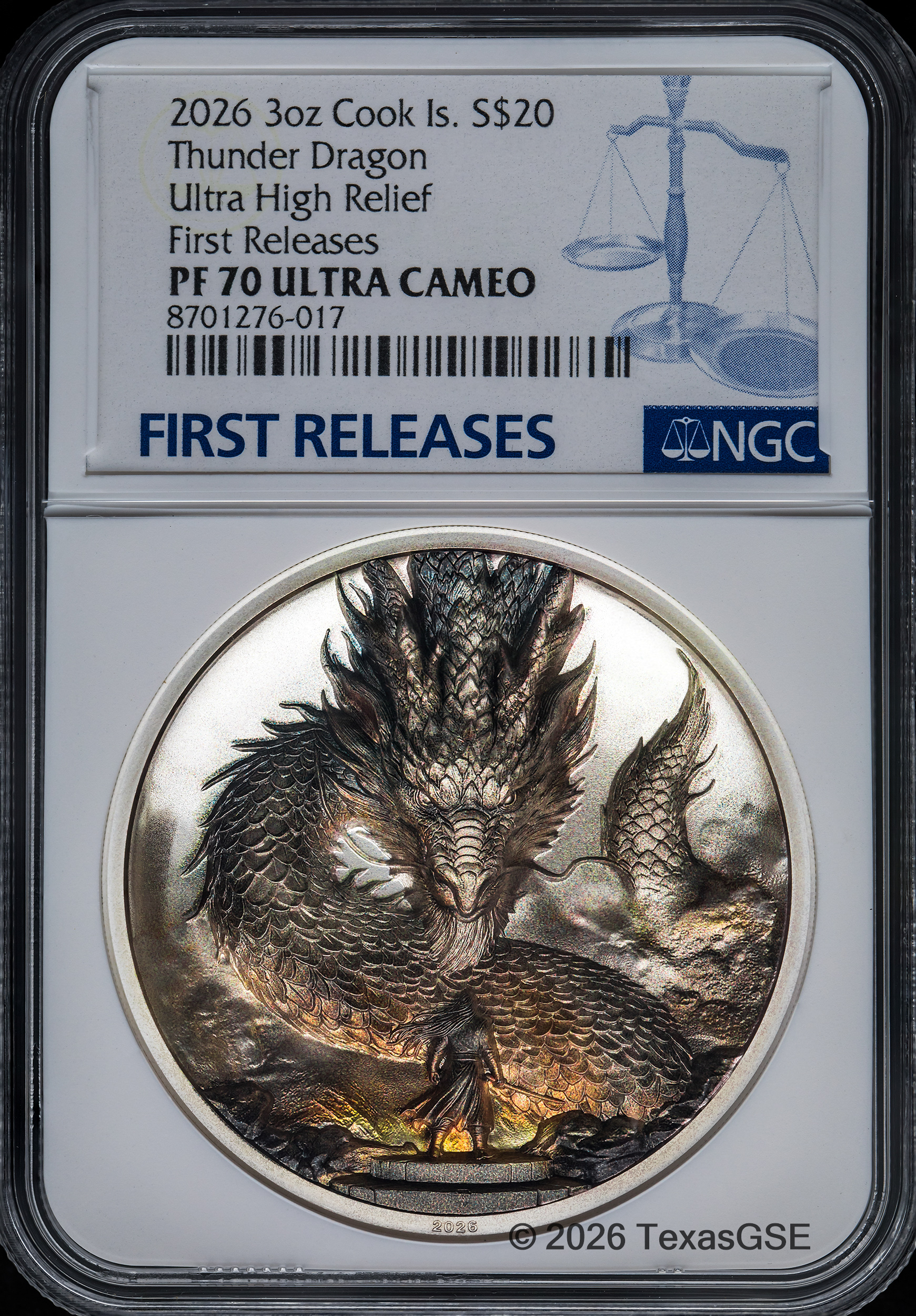 極東の大型銀貨 Silver Crowns of the Far East 2026 Cook Islands 3oz Silver $20 Thunder Dragon NGC PF70 First